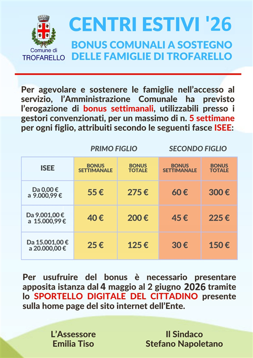 Centri Estivi 2026 - Bonus alle famiglie