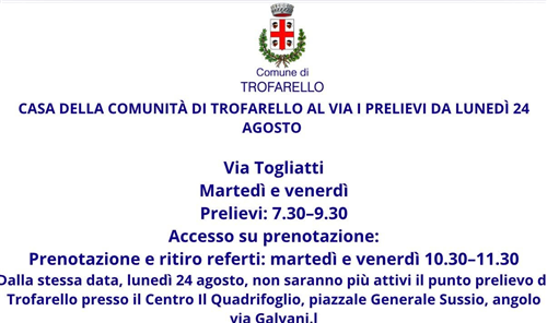 Lunedì 24 agosto al via il punto prelievi in Casa di Comunità